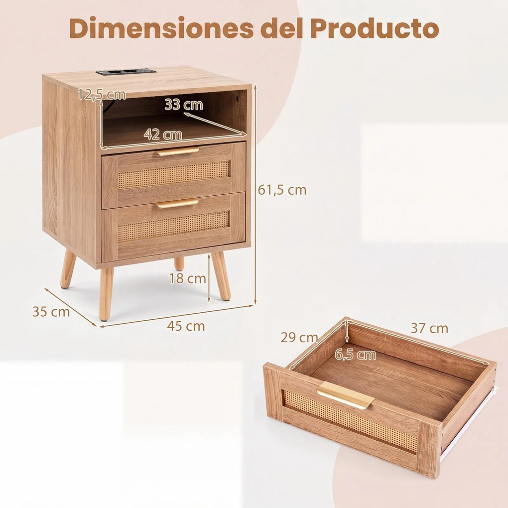 Mesa de Cabeceira, 45 x 35 x 61,5 cm, Estação de Carregamento Integrada, Natural