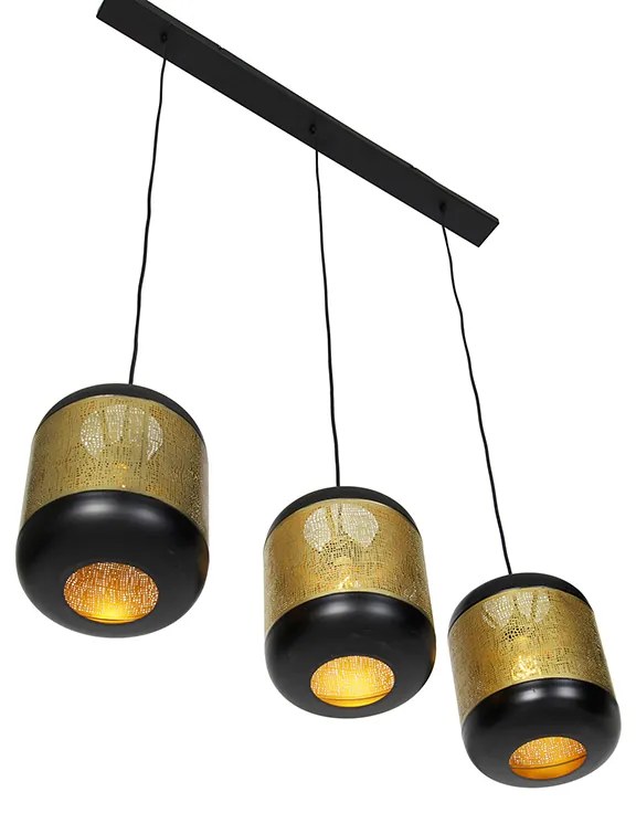 Candeeiro de suspensão vintage preto com latão oblongo 3-luzes - Kayleigh