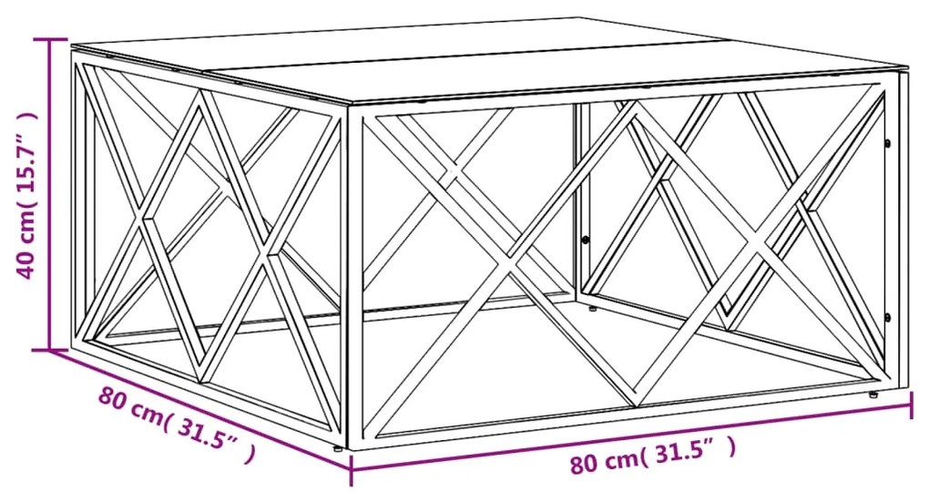 Mesa de centro 80x80x40 cm aço inoxidável e vidro