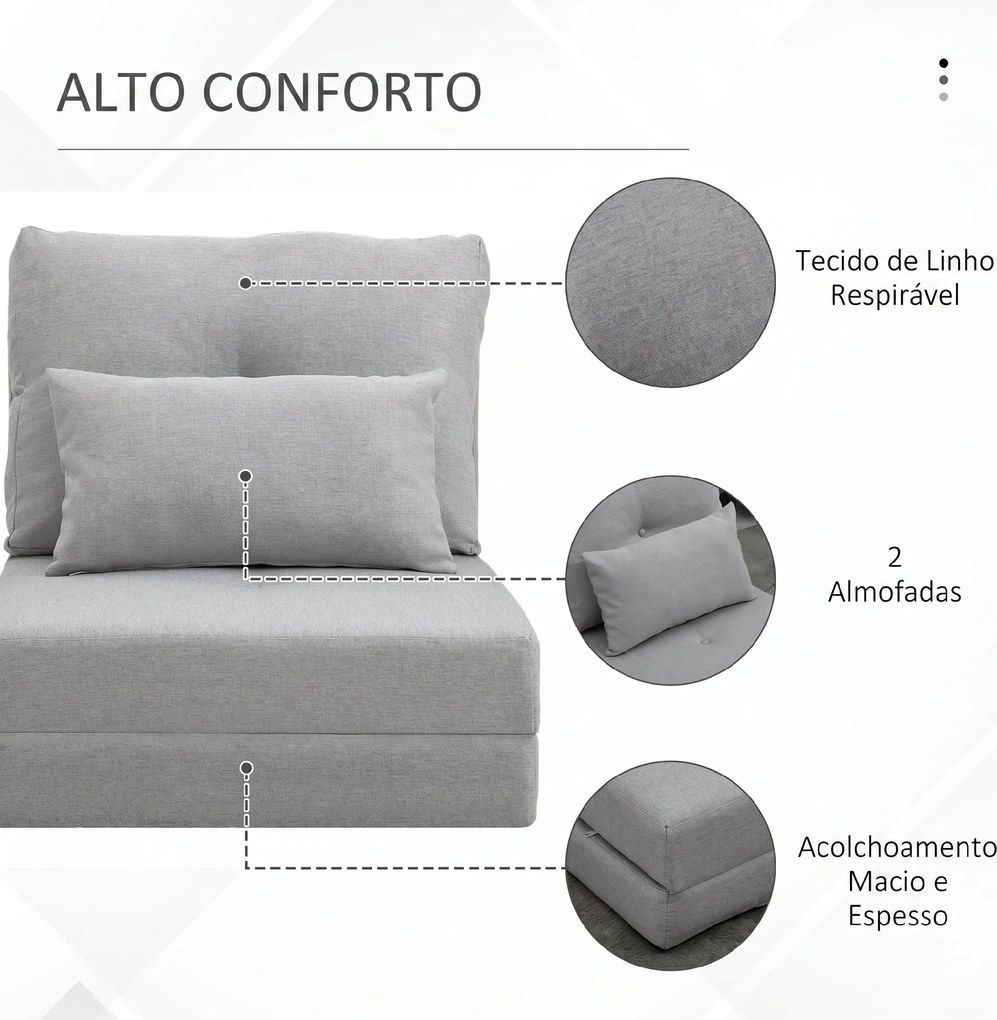 Sofá-Cama Individual Dobrável Revestido em Linho com Encosto Ajustável 5 Posições 1 Almofada Cinzento Claro