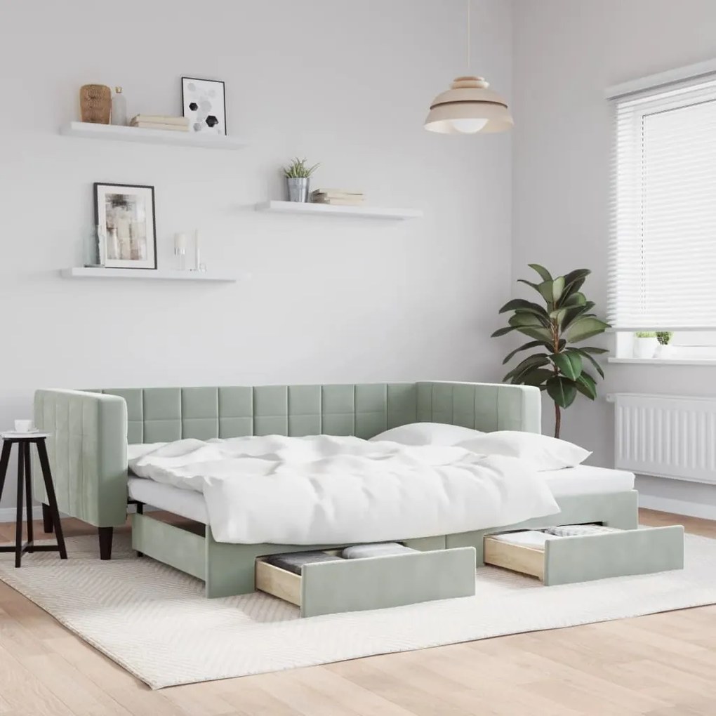 Sofá-cama c/ gavetão e gavetas 90x190 cm veludo cinzento-claro