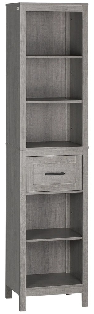 kleankin Coluna Casa de Banho com 1 Gaveta e Prateleiras Abertas Móvel Auxiliar de Armazenamento para Sala de Estar Dormitório Anti-Tombo 42x30x170cm Cinza