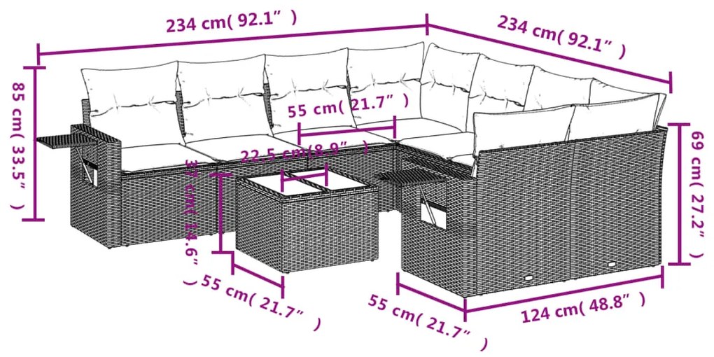 9 pcs conjunto sofás p/ jardim com almofadões vime PE cinzento