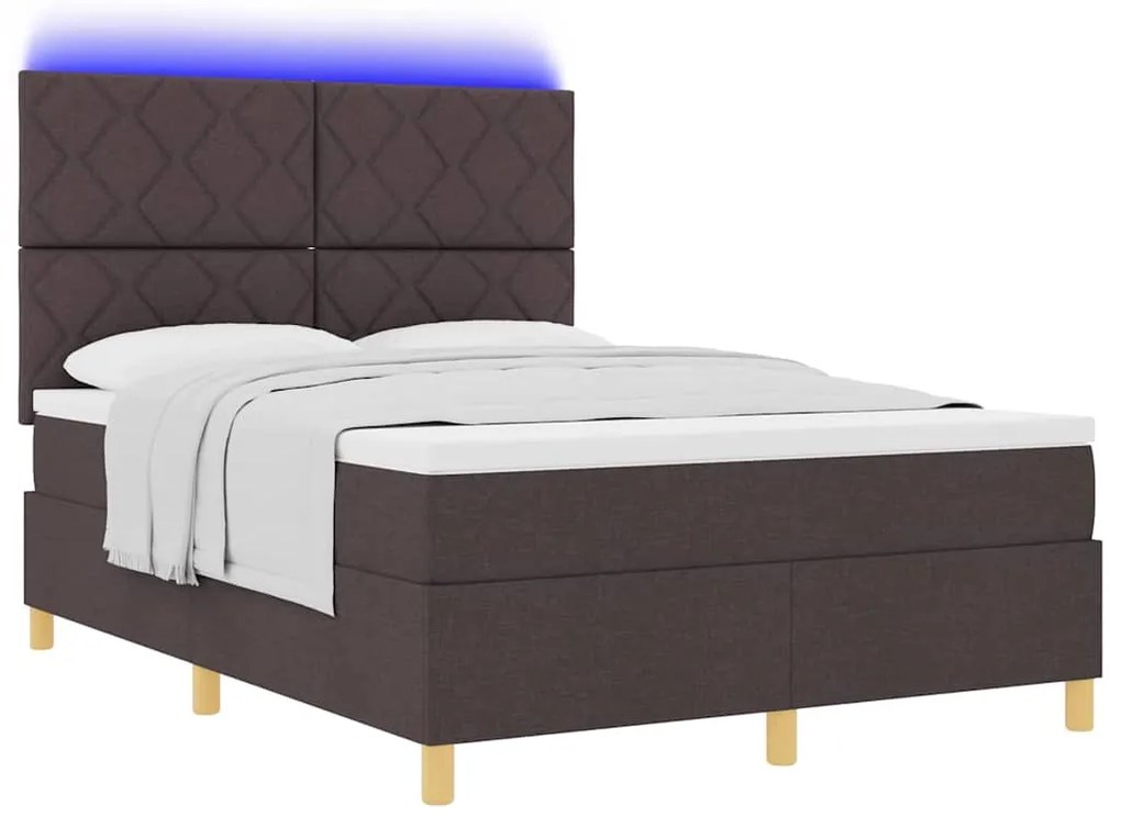 Cama Box com Colchão &amp; LED Castanho Escuro 140x190 cm Tecido