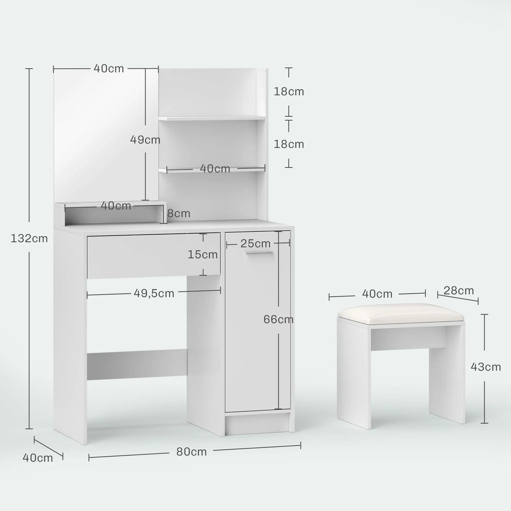 Toucador de Maquilhagem com Banco Mesa de Maquilhagem com Espelho Prateleiras e Gaveta 80x40x132 cm Branco e Bege