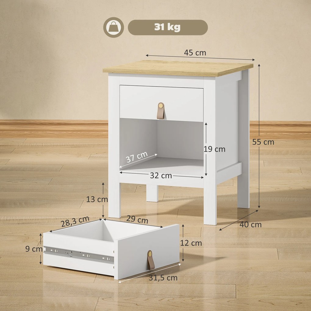 Conjunto de 2 Mesas de Cabeceira, 45 x 40 x 55 cm, Gaveta e Compartimento Aberto, Branco