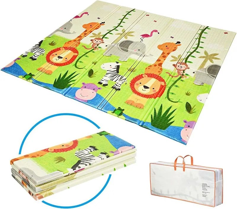 Conjunto 2 em 1 Parque de atividades bebés portátil 206 x 185,5 x 68 cm e tapete reversível para crianças com material seguro cinza escuro + zoológico