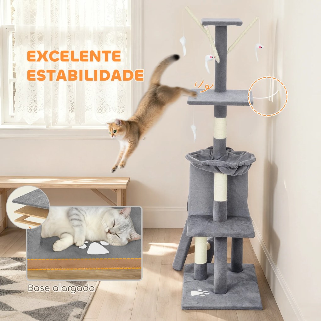 Arranhador para Gatos com Caverna Plataformas Rato de Brinquedo Rede e Postes de Sisal 60x35x134 cm Cinzento