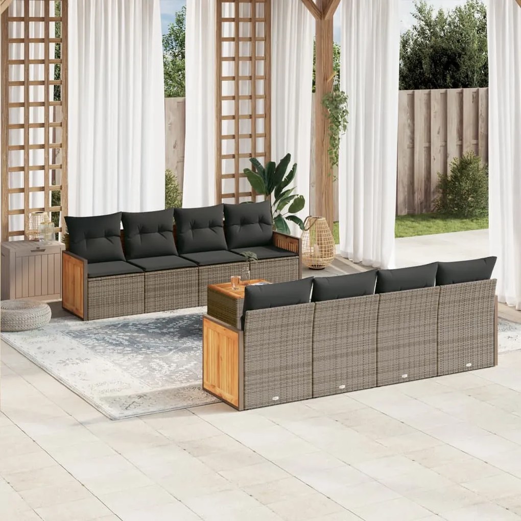 9 pcs conjunto sofás p/ jardim com almofadões vime PE cinzento