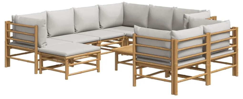 10 pcs conj. lounge de jardim bambu c/ almofadões cinza-claro