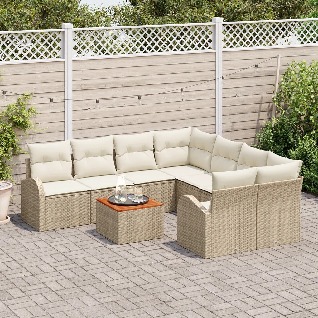 Conjunto de Sofá Jardim de 9 Peças com Almofadas Bege Polirattan Acáci