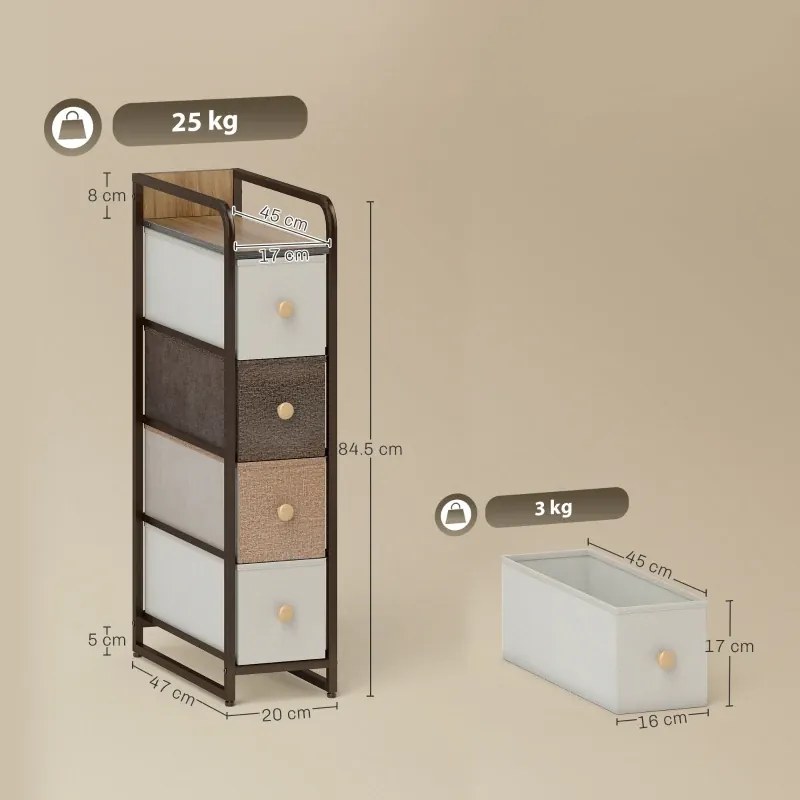 Móvel Auxiliar com 4 Gavetas de Tecido 20x47x84,5 cm com Estrutura de Aço Móvel de Arrumação para Espaços Pequenos Multicolor