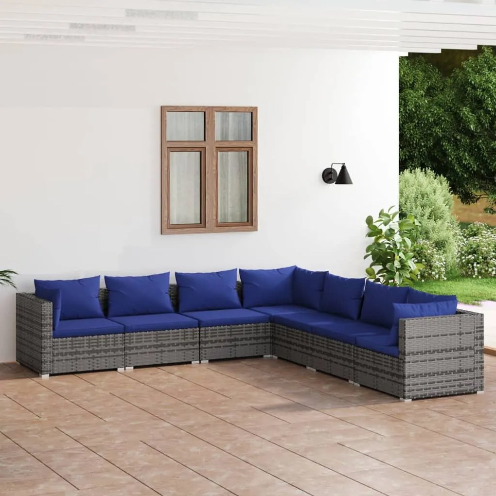 7 pcs conjunto lounge de jardim c/ almofadões vime PE cinza