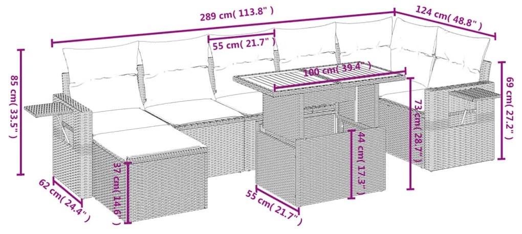 8 pcs conjunto sofás de jardim com almofadões vime PE preto