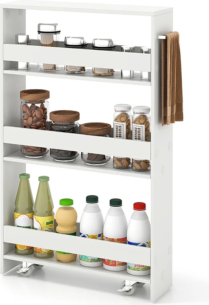 Carrinho de armazenamento estreito para cozinha com 4 prateleiras e rodas 48 x 13 x 81 cm Branco