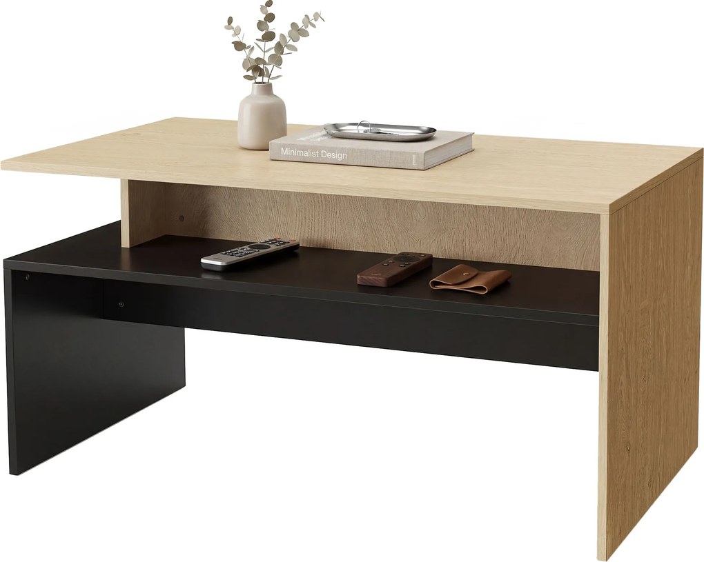 Mesa de centro 95 x 55 x 50 cm moderna bicolor com níveis deslocados e prateleira de arrumação , cor madeira natural e preta