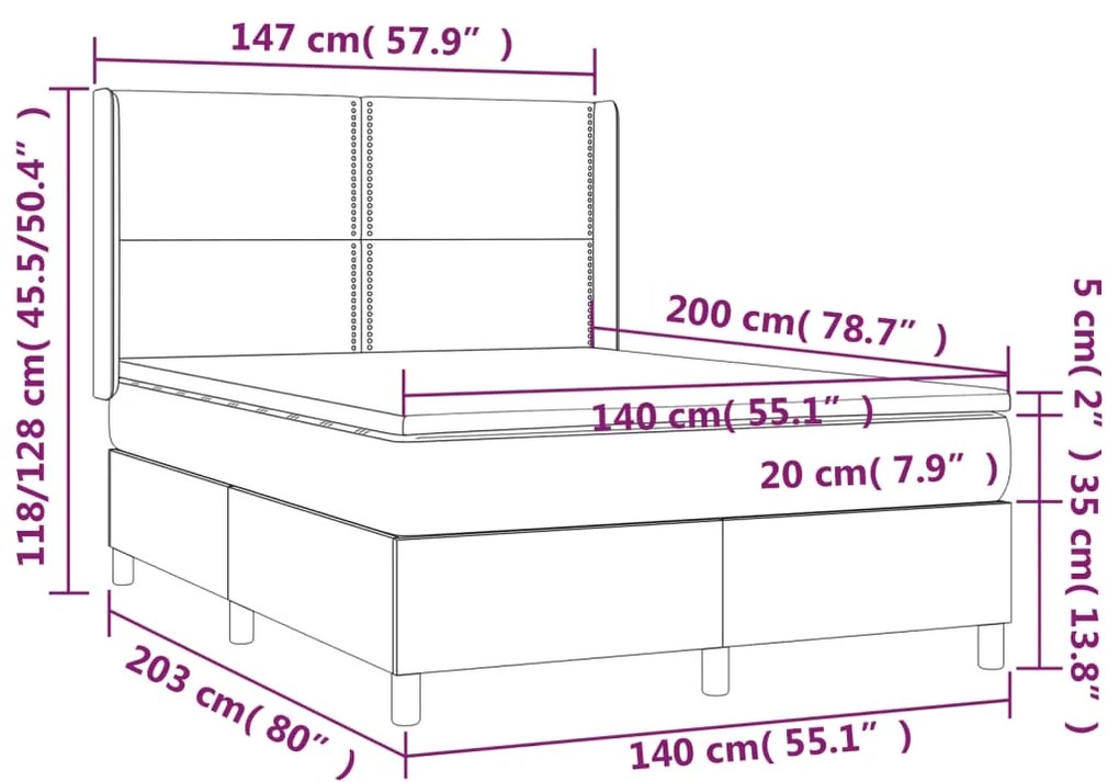 Cama box spring c/ colchão e LED 140x200 cm tecido cor creme