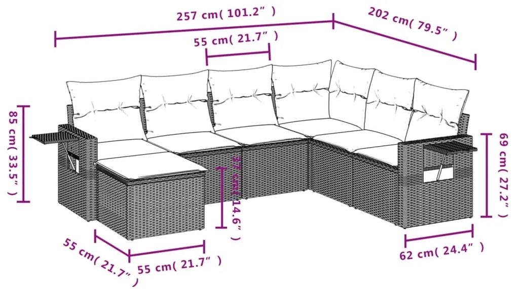7 pcs conjunto de sofás p/ jardim com almofadões vime PE bege