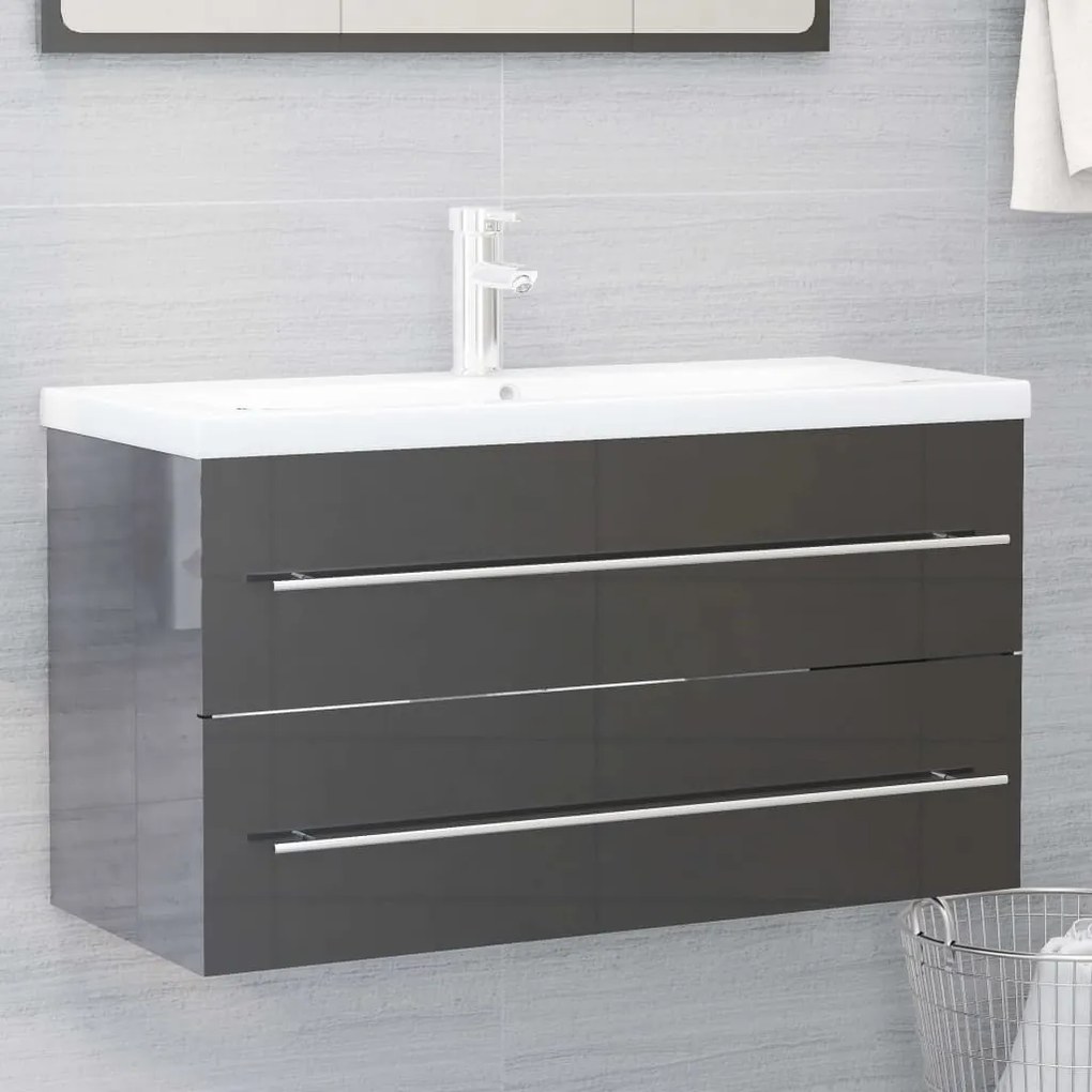 vidaXL Armário lavatório 90x38,5x48cm contraplacado cinzento brilhante