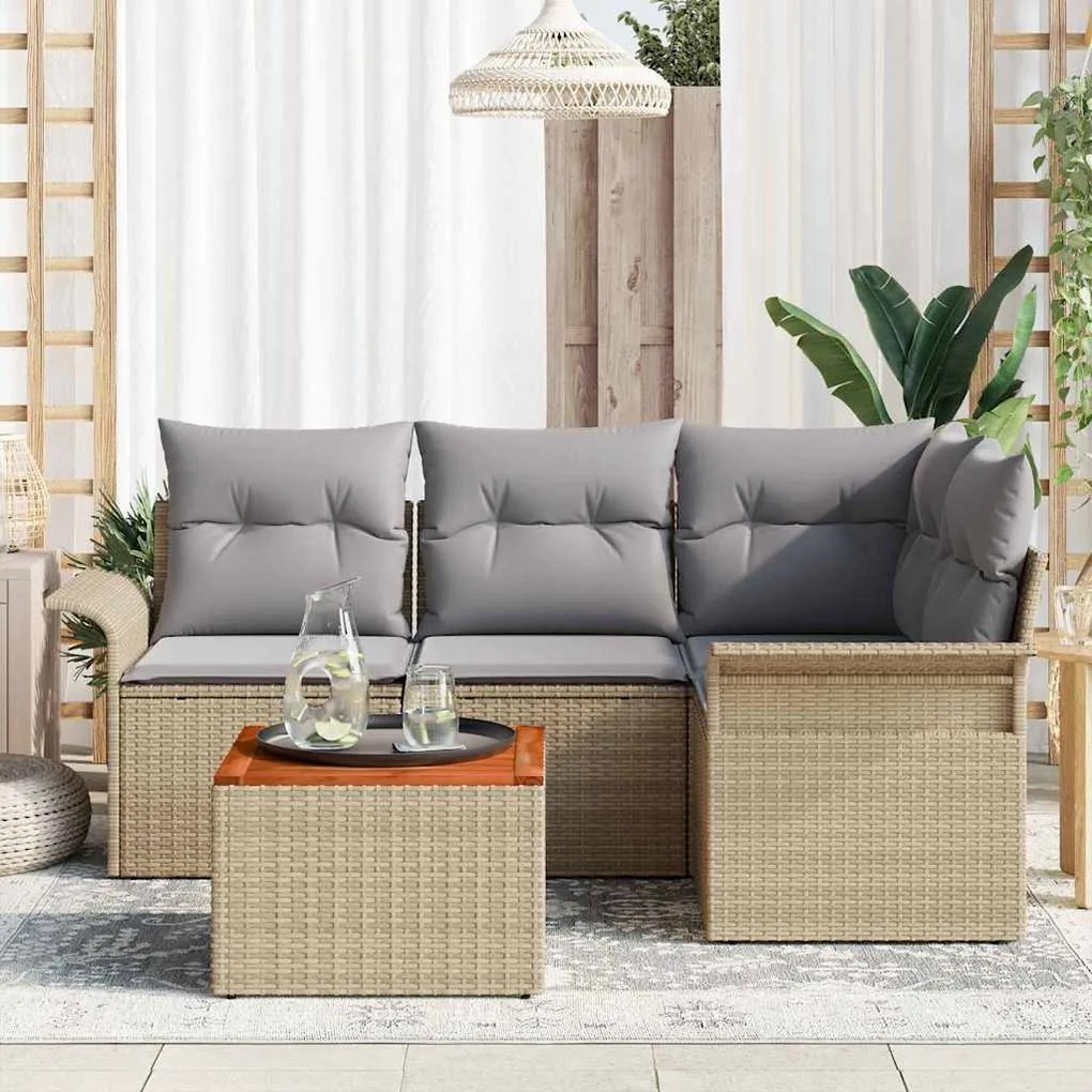 Conjunto de Sofá de Jardim com 5 Peças , Almofadas Bege, Rattan Sintét