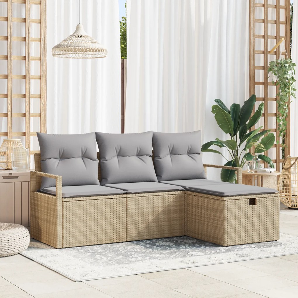 Conjunto de Sofá de Jardim vidaXL de 4 Peças com Almofadas Bege em Vim