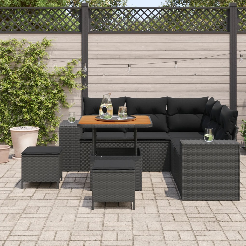 Conjunto de Sofá de Jardim vidaXL de 8 Peças com Almofadas Preto Vime