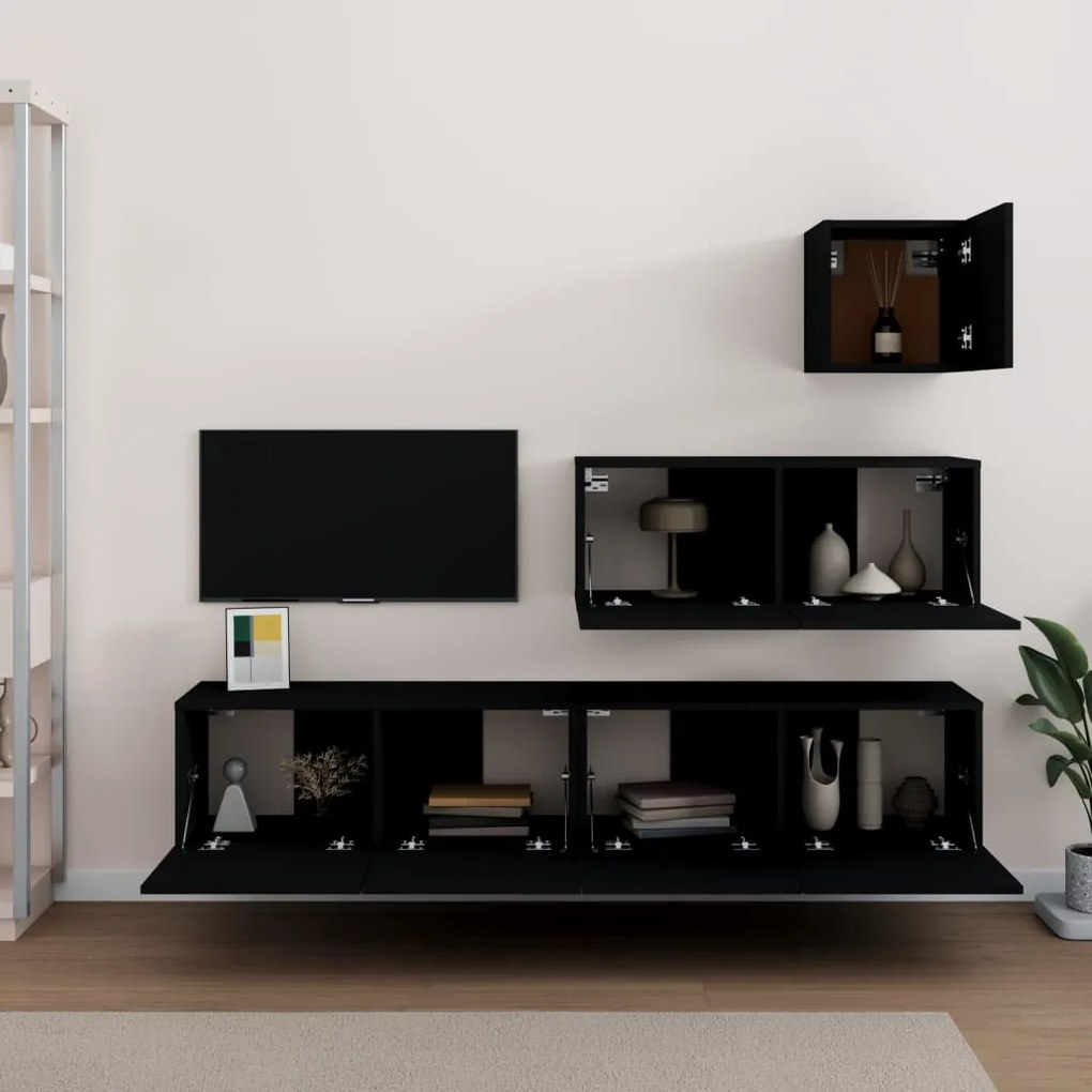 Conjunto móveis de TV 4 pcs madeira processada preto
