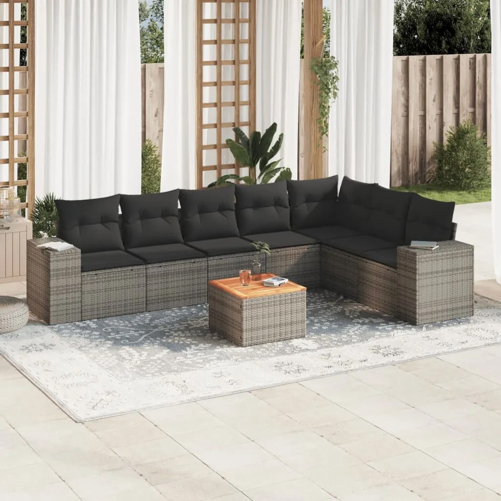 8 pcs conjunto sofás de jardim c/ almofadões vime PE cinzento