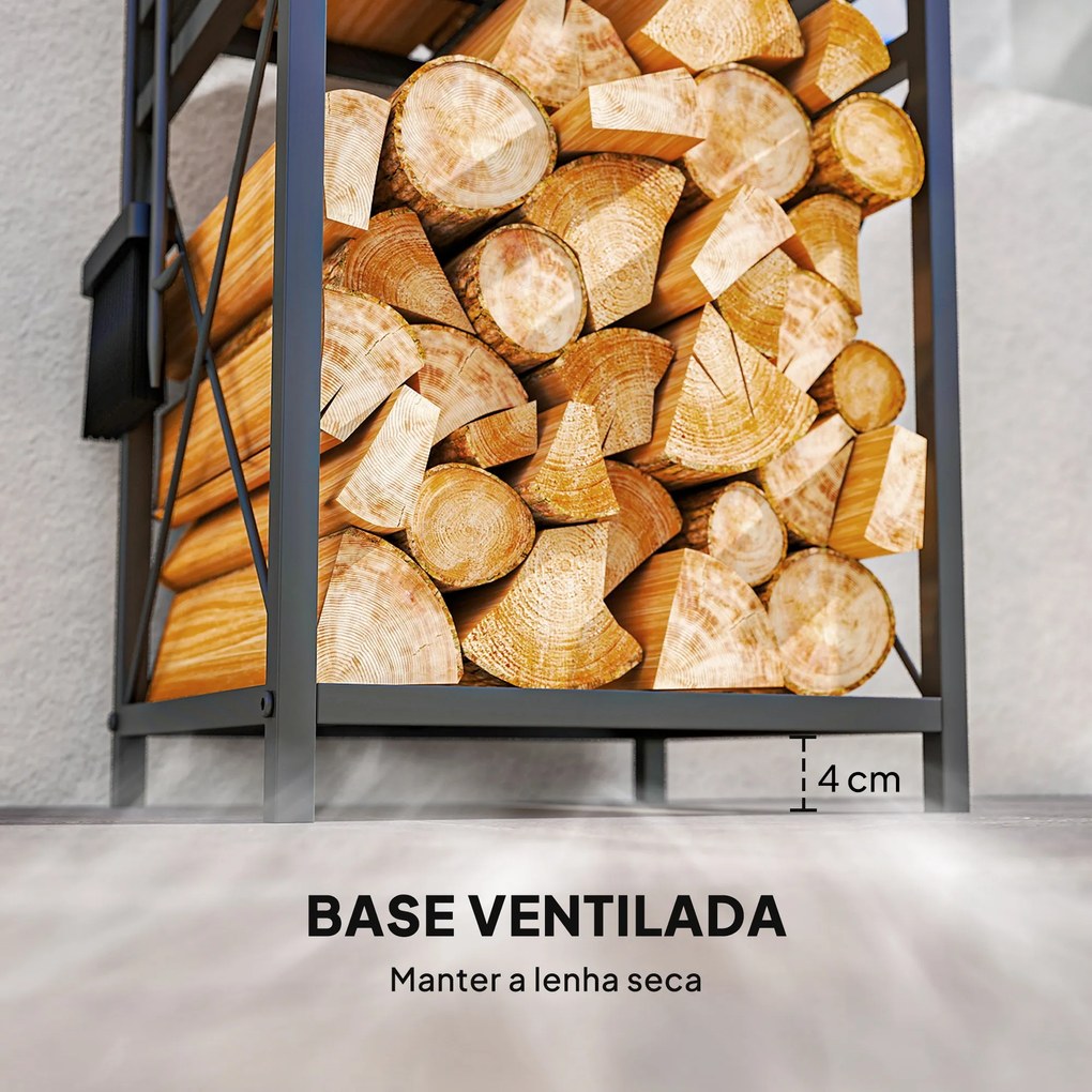 Suporte Metálico para Lenha 2 Níveis com 4 Ferramentas Ganchos e Base Elevada para Interior e Exterior 34x30x80 cm Preto