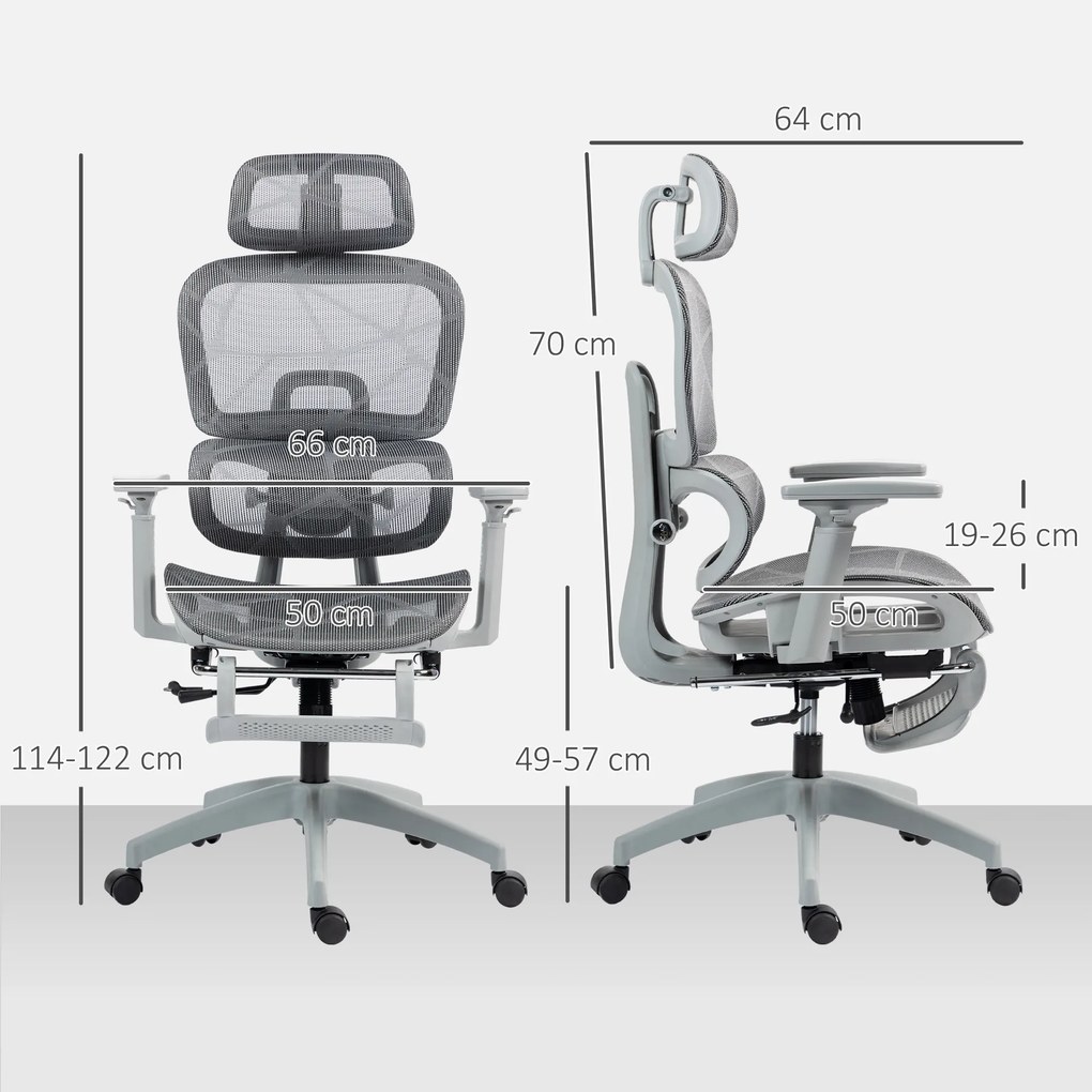 Cadeira de escritório, 66x64x122 cm ergonómica em malha com braços 3D, encosto reclinável, cinzenta