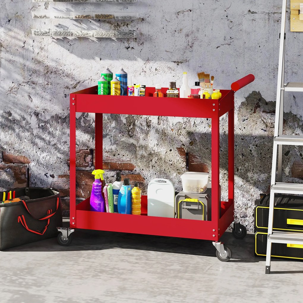 Carrinho de oficina com 2 níveis, pega lateral e rodas bloqueáveis, 84,5 x 38 x 84 cm, vermelho