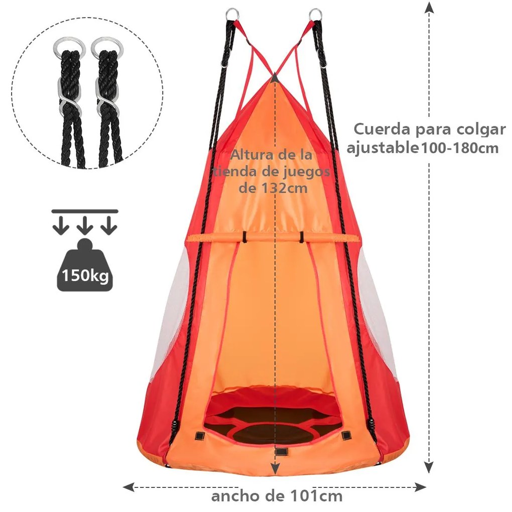 Baloiço crianças Nest com tenda Ø 100cm Arvores ou para Baloiço  Altura ajustável Carga até 150 kg para interior exterior Jardim Laranja