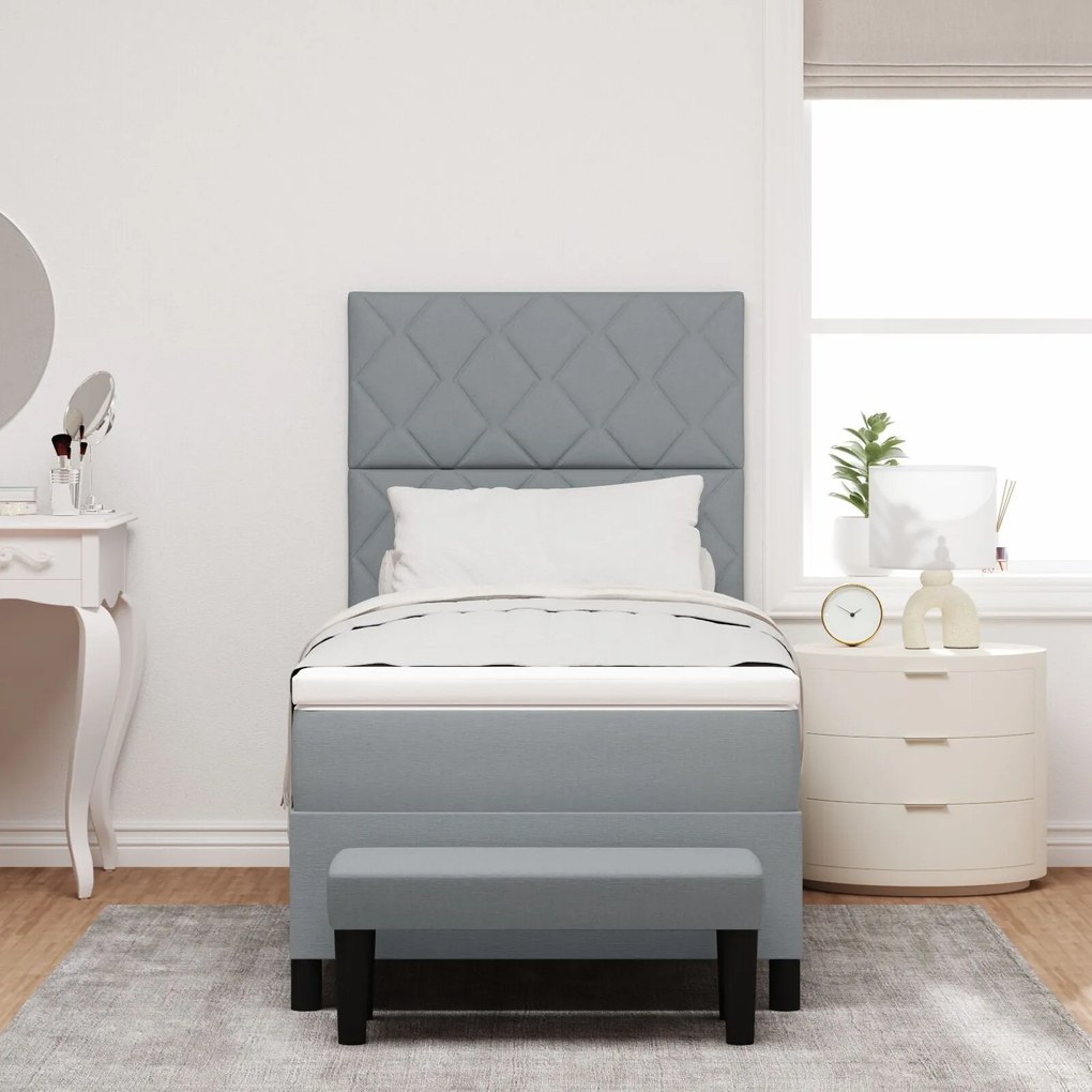 Cama Box com Colchão e Banco Cinza Claro 90x200 cm Tecido