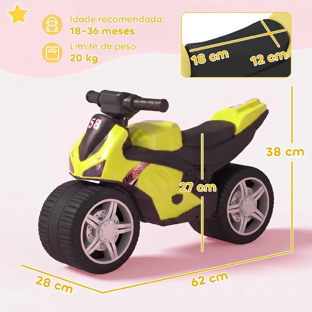 Bicicleta sem Pedais Tipo Mota com Música e Rodas Extra Largas para Crianças 18-36 Meses Verde