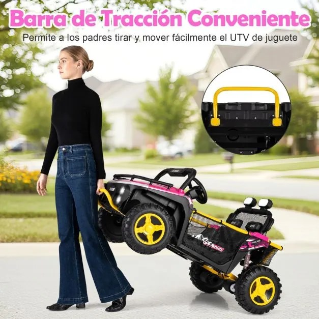 Carro elétrico para crianças 24V 2 lugares com controle remoto, música, luzes e conexão sem fio, buzina Rosa