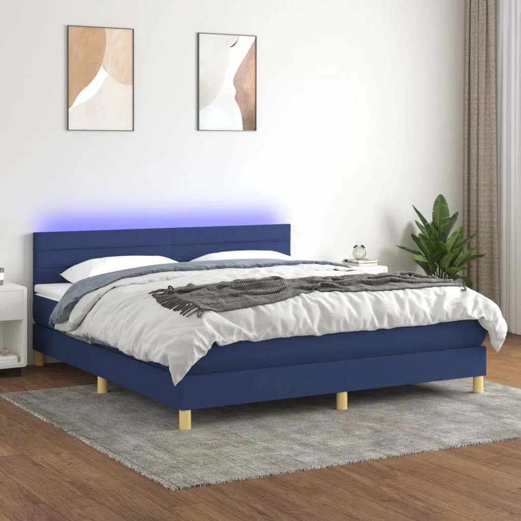 Cama box spring c/ colchão e LED 180x200 cm tecido azul