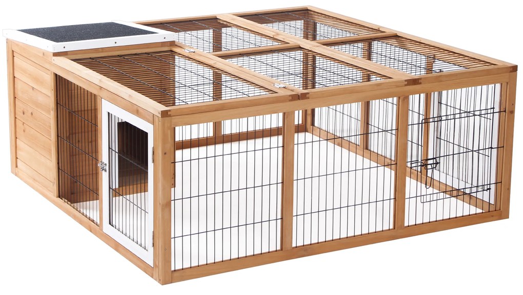 Coelheira de Exterior Gaiola para Coelhos Porquinho da India Animais Pequenos com 2 Portas Superiores e Teto Asfáltico Dobrável 123x120x52cm Madeira Natural