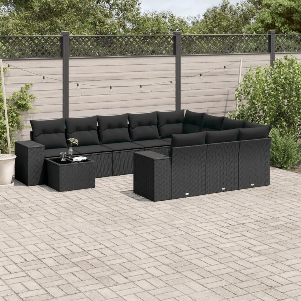 11 pcs conjunto sofás de jardim c/ almofadões vime PE preto