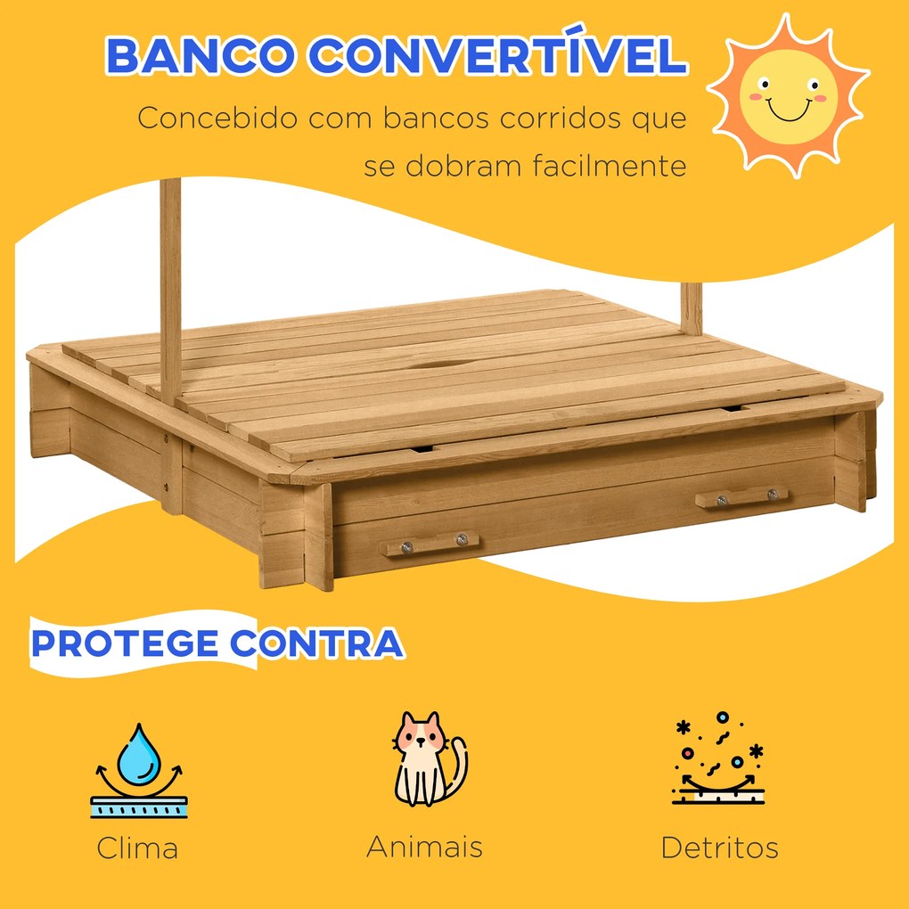 Caixa de Areia para Crianças de Madeira com Toldo Ajustável em Altura 2 Bancos e Encostos para Jardim 106x106x121 cm Natural