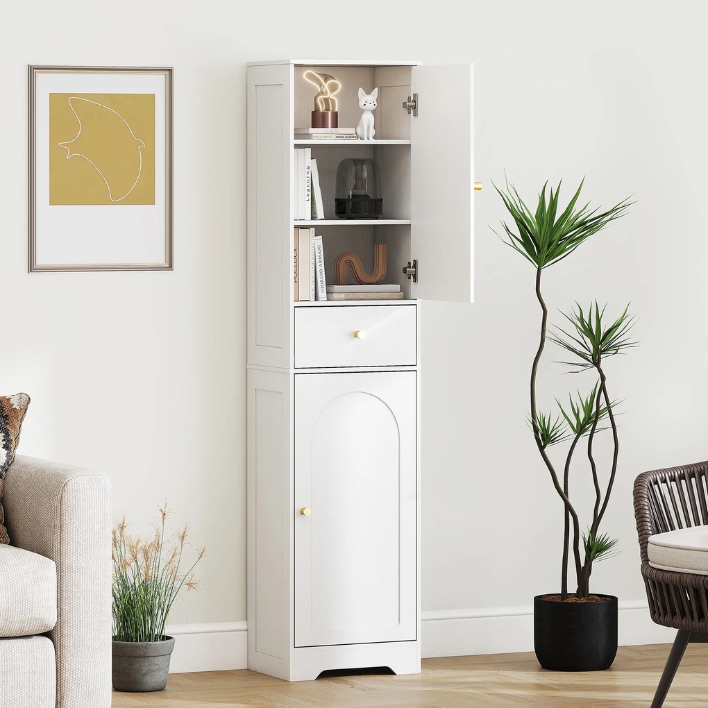 Coluna Casa de Banho com 2 Portas Arqueadas Gaveta e Prateleiras Ajustáveis Armário Alto Casa de Banho 40x29,5x170 cm Branco com Veios