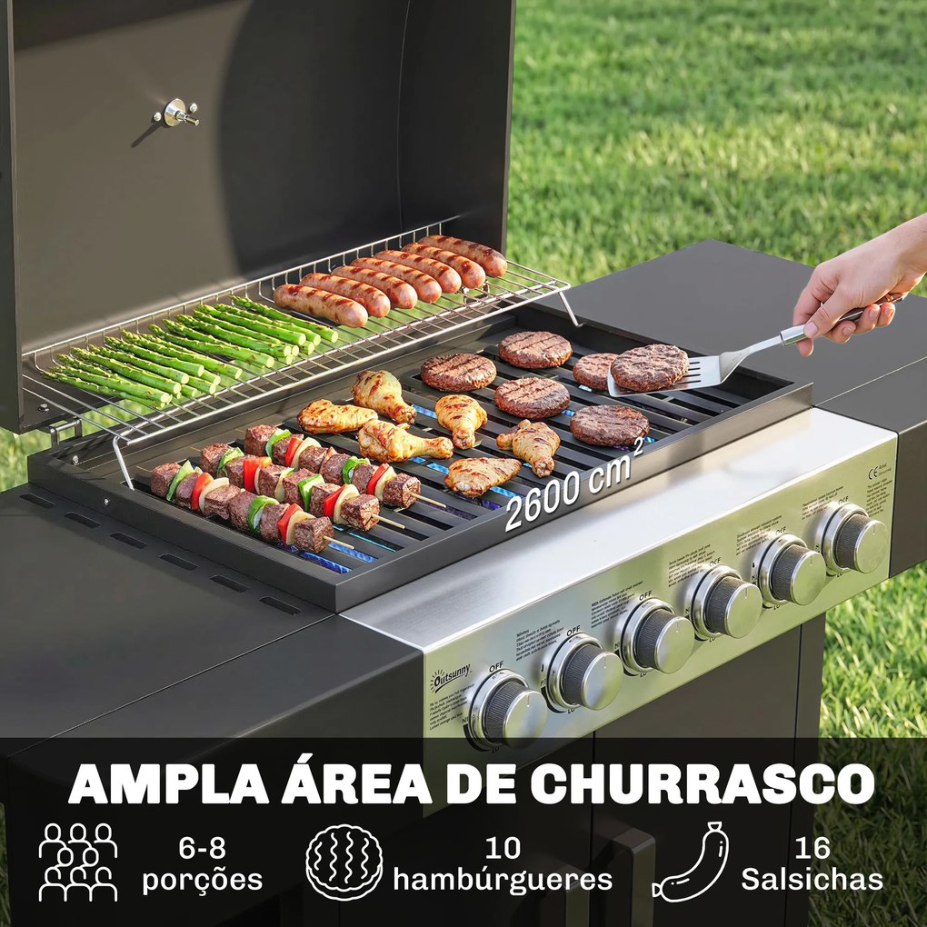 Grelhador a Gás Barbeceu com 6 Queimadores 15 kW Termómetro 2 Prateleiras Laterais eArmário 135x51x101 cm Preto