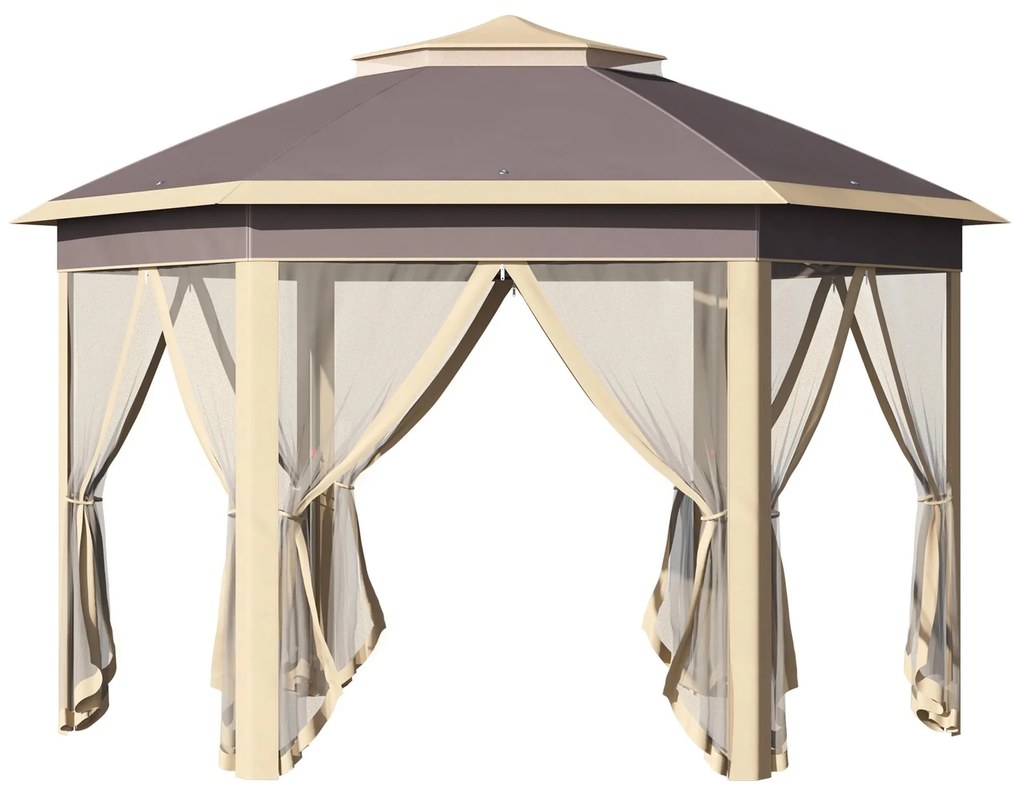 Outsunny Tenda Dobrável Exterior 4,05x3,4x2,85m com Altura Ajustável Pérgola de Jardim Hexagonal com Mosquiteiras Removíveis Bege | Aosom Portugal
