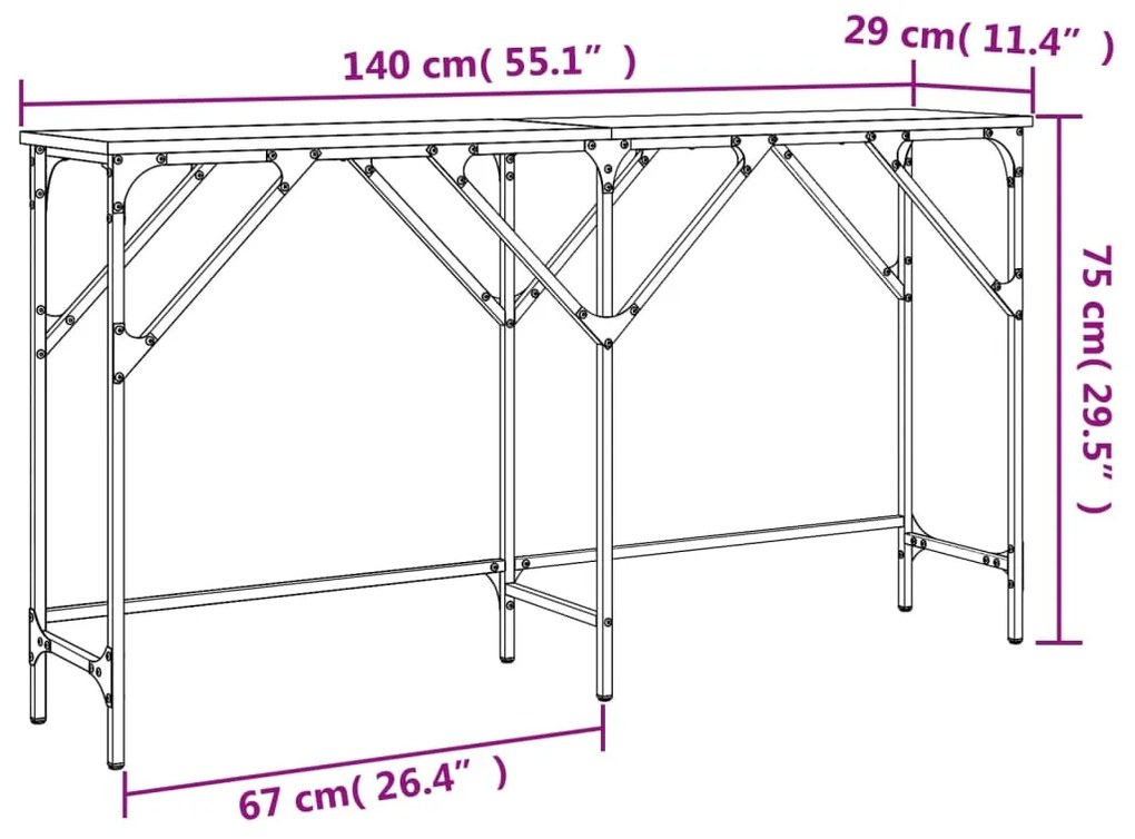 Mesa consola 140x29x75 cm derivados madeira carvalho castanho