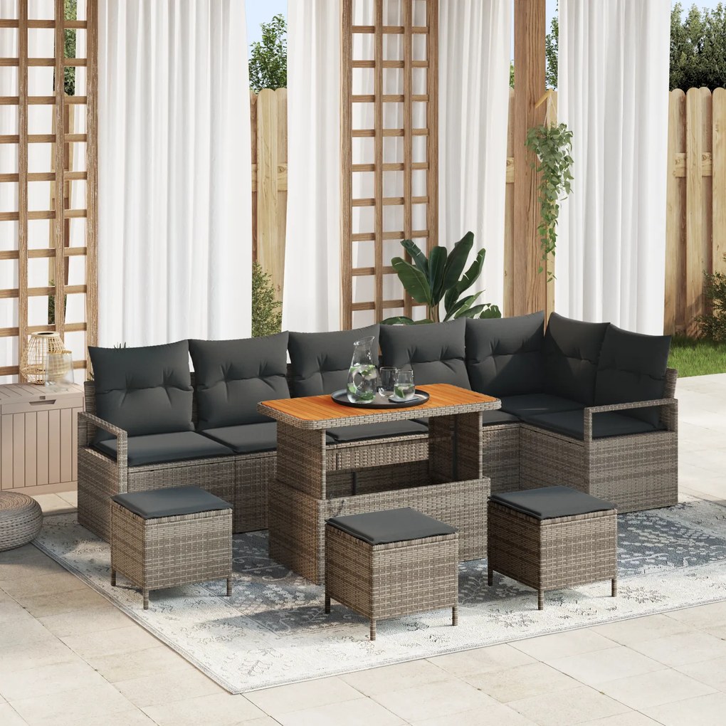 Conjunto de Sofá de Jardim com 10 Peças e Almofadas Cinza Vime Sintético Acácia