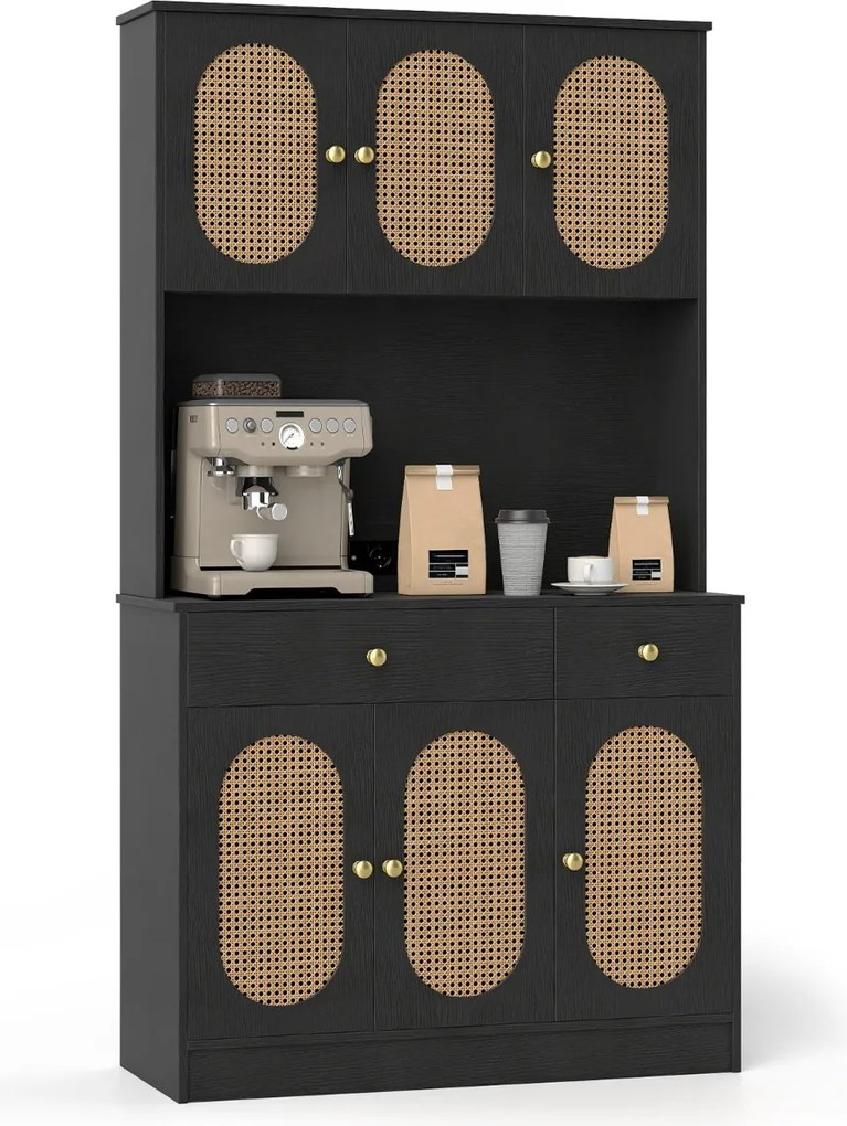 Armário Despensa Cozinha 100 x 40 x 180 cm com Estação de Carregamento 6 Portas de Rattan 2 Gavetas 4 Prateleiras Ajustáveis Móvel Boho Preto