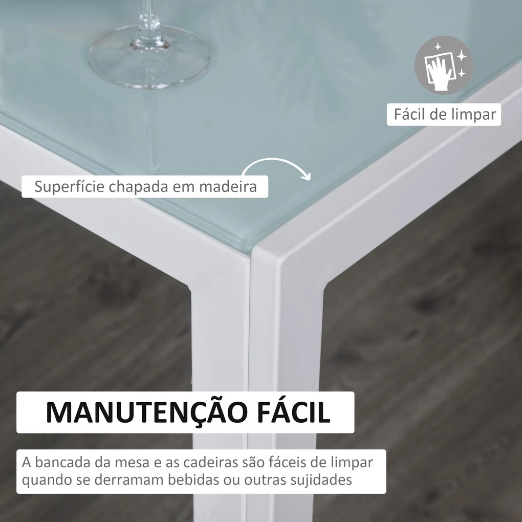 Conjunto de Refeição com Mesa Retangular de Vidro Temperado e 4 Cadeiras Estofadas em PU com Pés de Metal Branco