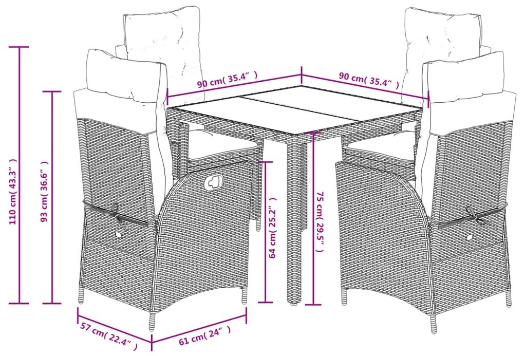 5 pcs conjunto de jantar p/ jardim c/ almofadões vime PE cinza