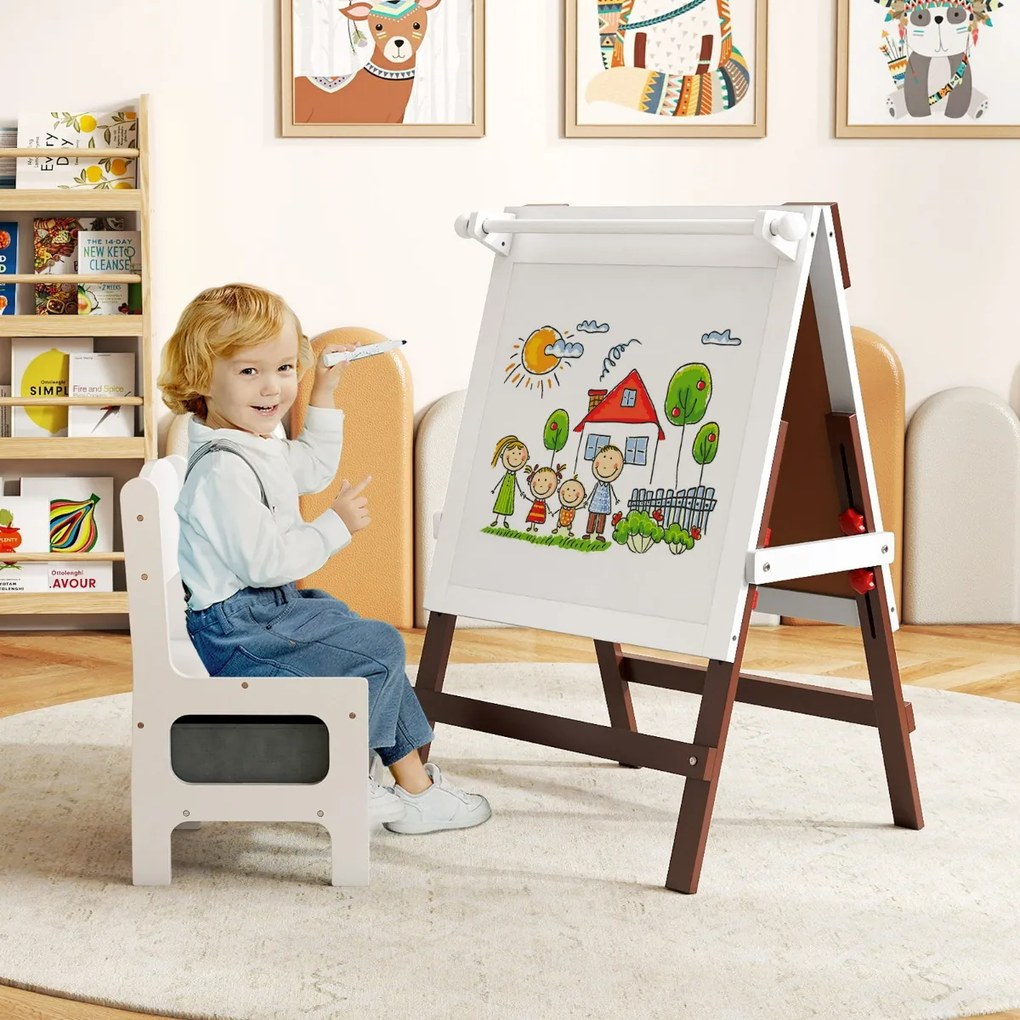 Cavalete infantil reversível 55 x 48 x 75-94 cm com cadeira ajustável com quadro negro e Quadro branco e Porta-papel Castanho