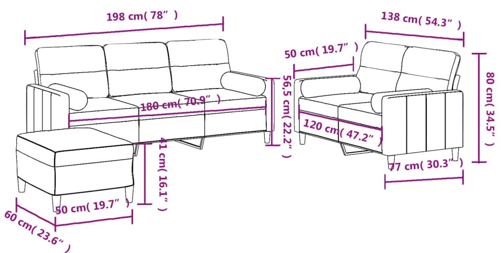 3 pcs conjunto de sofás com almofadas tecido cinzento-escuro