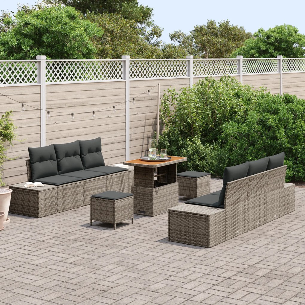 Conjunto de Sofá de Jardim vidaXL com Almofadas 9 Peças Cinza Rattan P